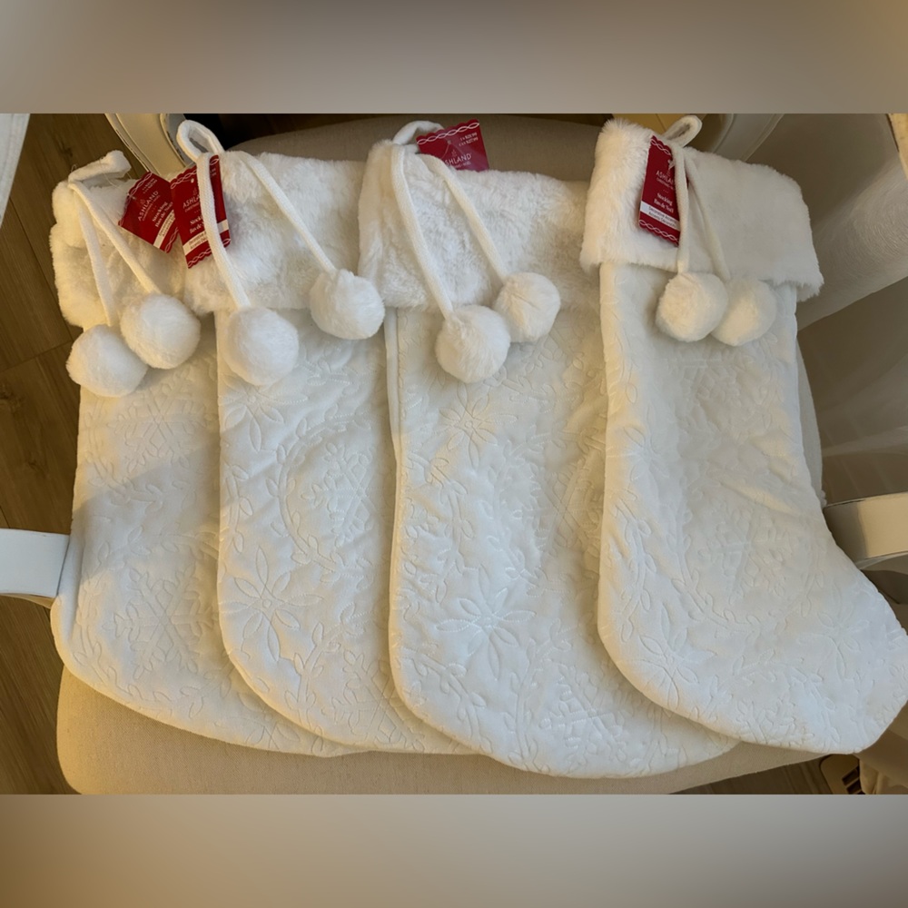 White Velvet NWT Embroidered Christmas Holiday Stocking set of 4
